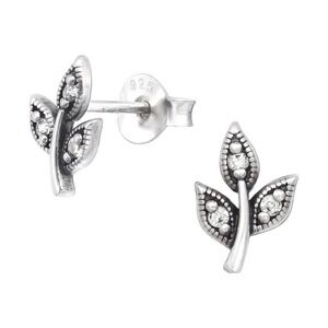 Silver Studs Sterling Silver Leaf Earrings with Diamonds